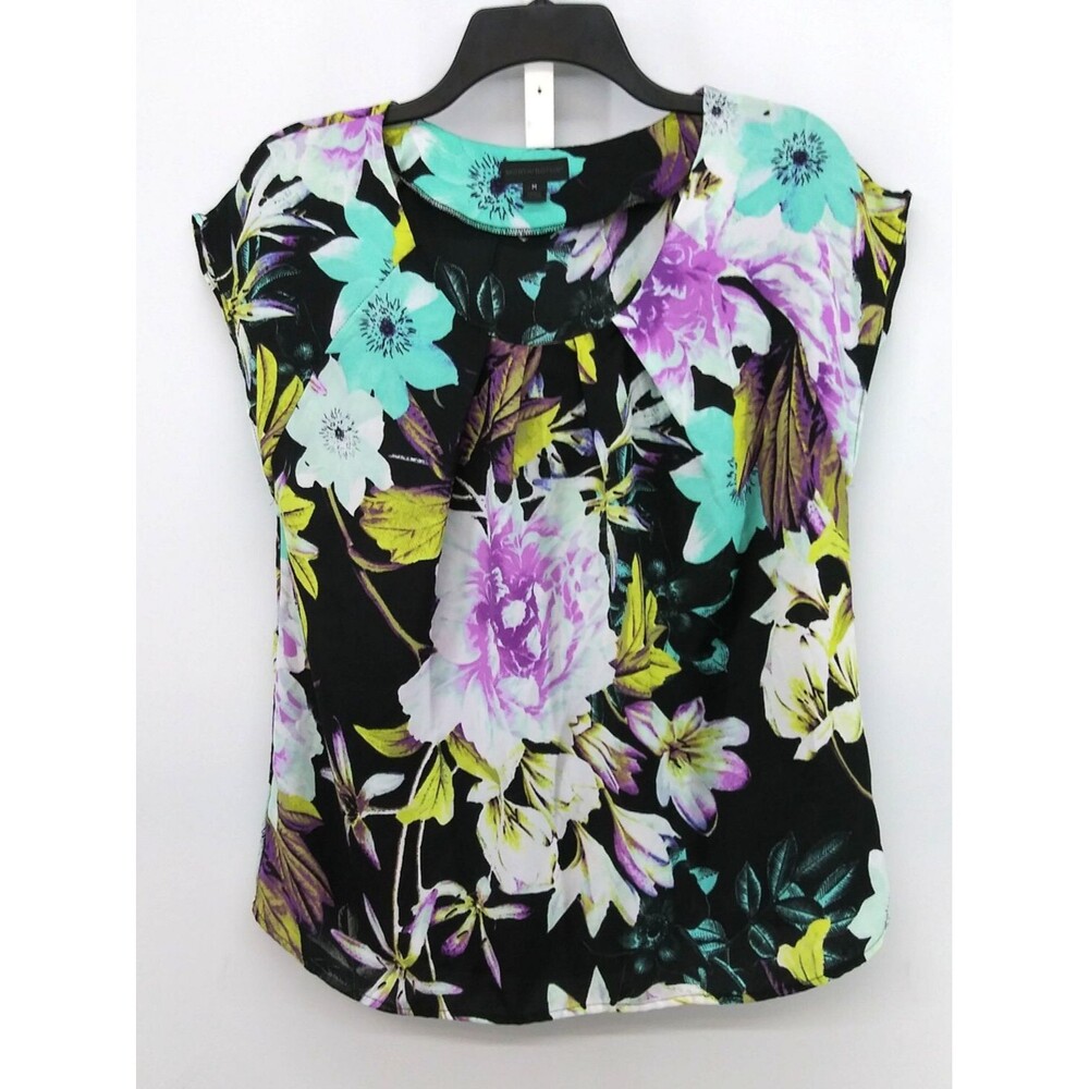 Worthington Blouse Women Size M Black Floral Cap Sleeve Scoop Neck Casual Top